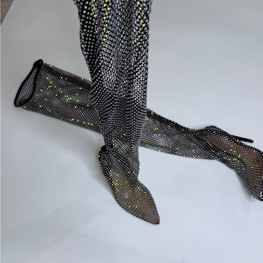 Black Rhinestone Mesh Boots - Picture 2 of 4
